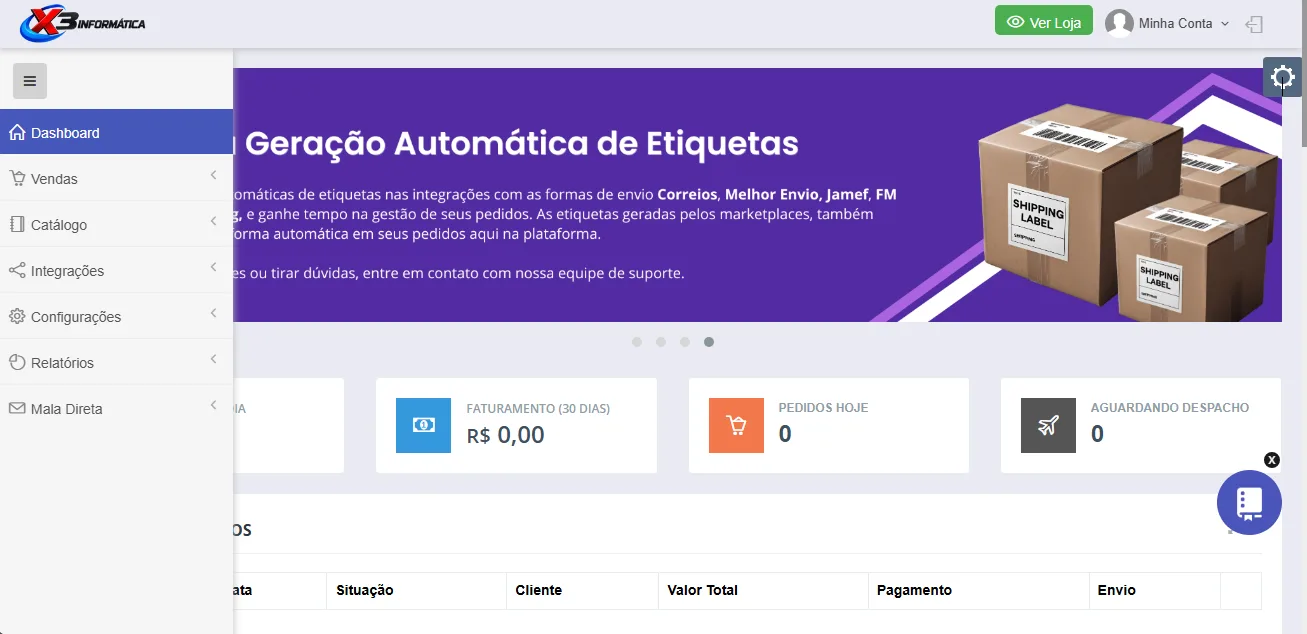 Tela real do painel administrativo X3 no computador, com menu de vendas, catálogo, integrações e indicadores de faturamento e pedidos