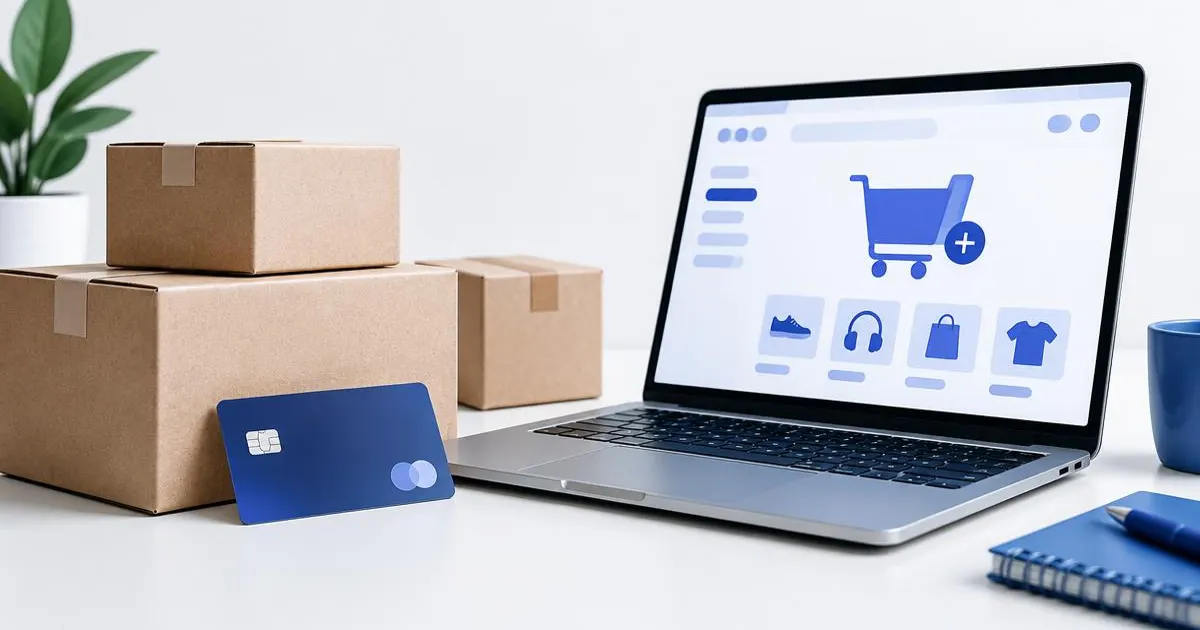 Notebook com um carrinho de compras na tela, caixas de papelão e um cartão de crédito sobre a mesa