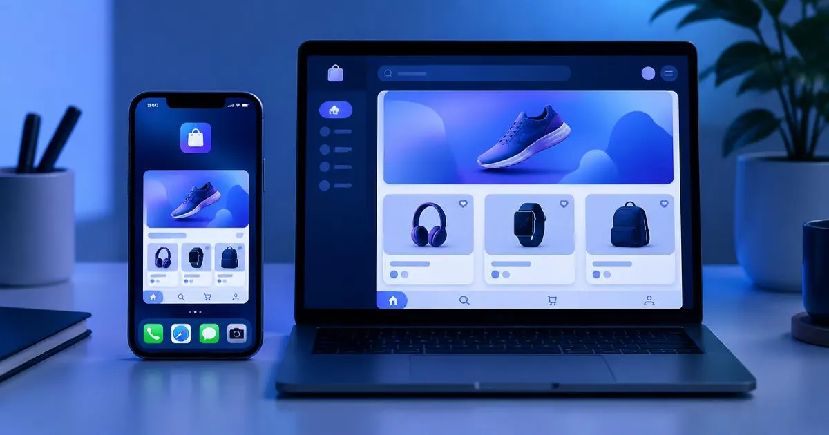 Celular e notebook lado a lado exibindo o mesmo aplicativo de loja